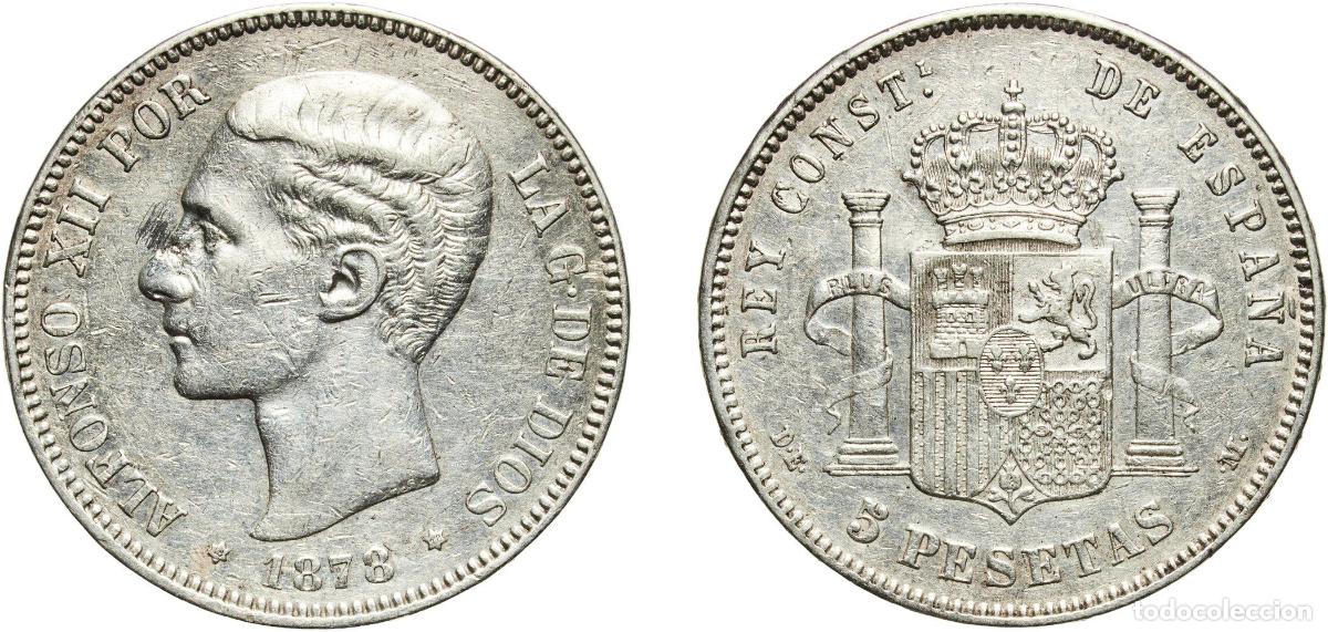Monedas de Espa&ntilde;a: Spain Kingdom 1878 18-78 DEM 5 Pesetas - Alfonso XII (2nd portrait) Silver (.900) Madrid Mint (500