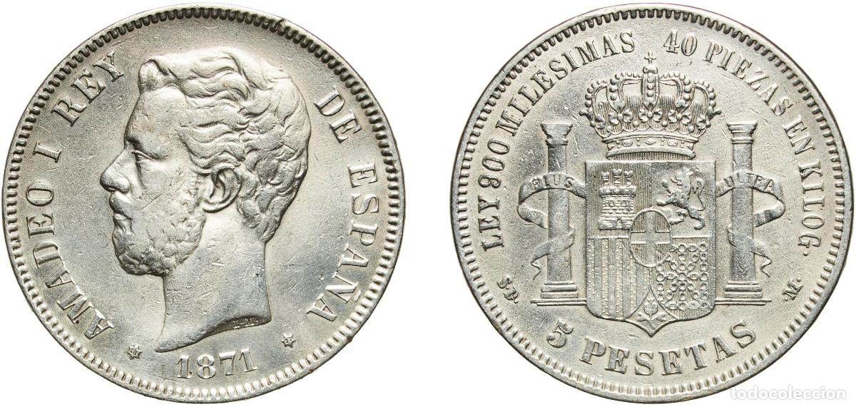 Monedas de Espa&ntilde;a: Spain Kingdom 1871 18-71 SDM 5 Pesetas - Amadeo I Silver (.900) Madrid Mint (13641162) 24.84g XF C
