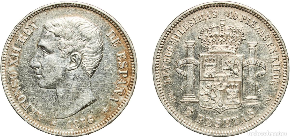 Monedas de Espa&ntilde;a: Spain Kingdom 1876 18-76 DEM 5 Pesetas - Alfonso XII (1st portrait;legend in edge) Silver (.900) M