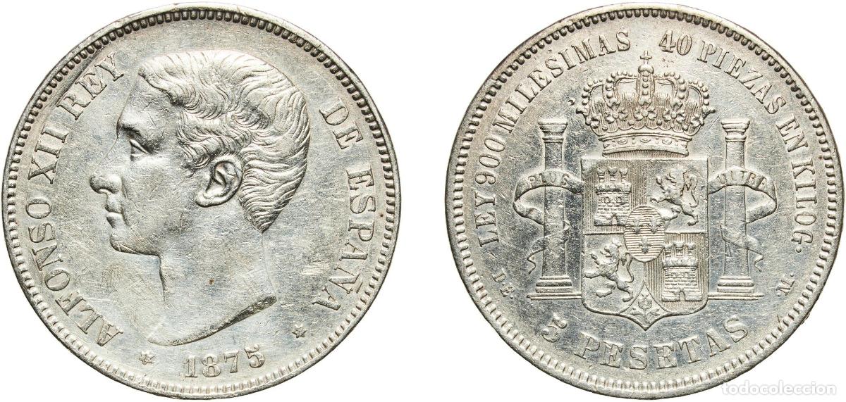 Monedas de Espa&ntilde;a: Spain Kingdom 1875 18-75 DEM 5 Pesetas - Alfonso XII (1st portrait;legend in edge) Silver (.900) M