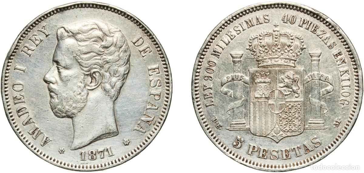 Monedas de Espa&ntilde;a: Spain Kingdom 1871 18-75 DEM 5 Pesetas - Amadeo I Silver (.900) Madrid Mint (3000412) 25.04g XF Ca
