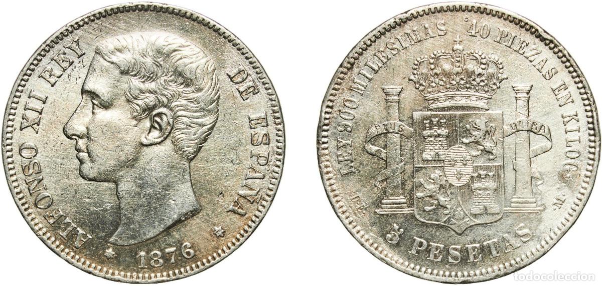 Monedas de Espa&ntilde;a: Spain Kingdom 1876 18-76 DEM 5 Pesetas - Alfonso XII (1st portrait;legend in edge) Silver (.900) M