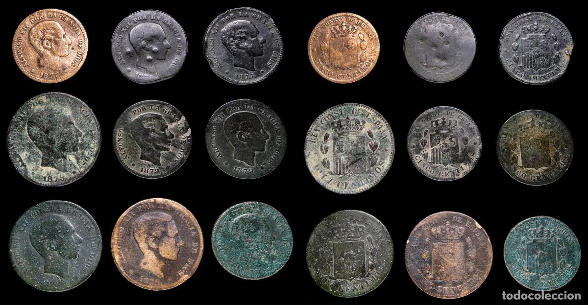 Monedas de Espa&ntilde;a: Alfonso XII, 5 and 10 Centimos, 9 Coins Lot.