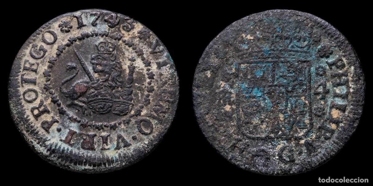 Monete da Spagna: 1743, 4 Maravedis Philips V, Segovia Mint - 26 mm / 6,04 gr.