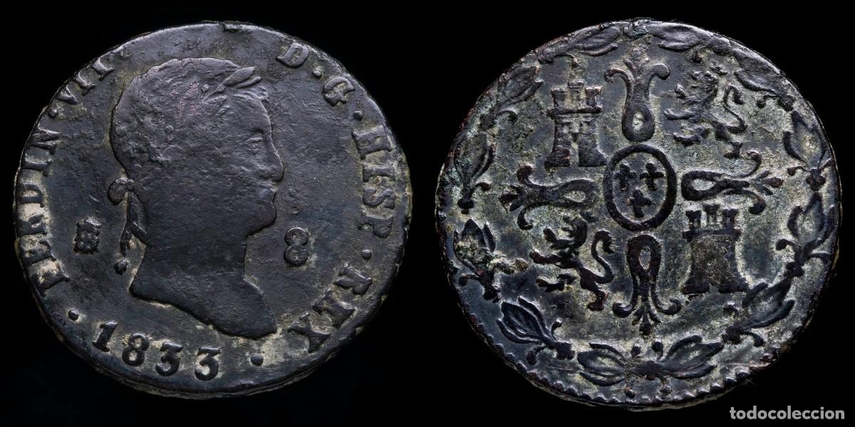 Monedas de Espa&ntilde;a: 1833, 8 Maravedis Ferdinand VII, Segovia Mint - 29 mm / 9,73 gr.