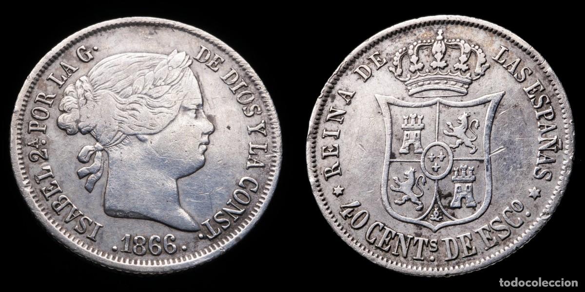Monedas de Espa&ntilde;a: 1866, 40 Silver Centimos Escudo Isabella II, Madrid Mint - 23 mm / 5,14 gr.