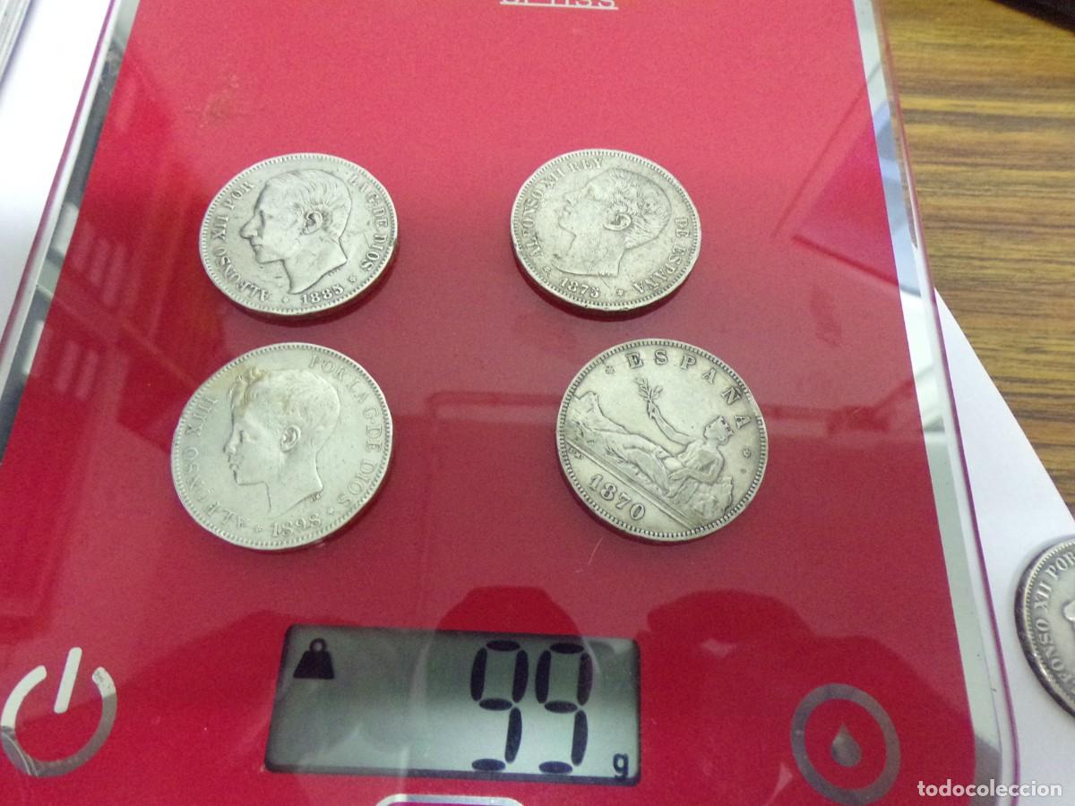 Monedas de Espa&ntilde;a: 4 monedas 5 pesetas plata diferentes a&ntilde;os duro de 1870 a 1898