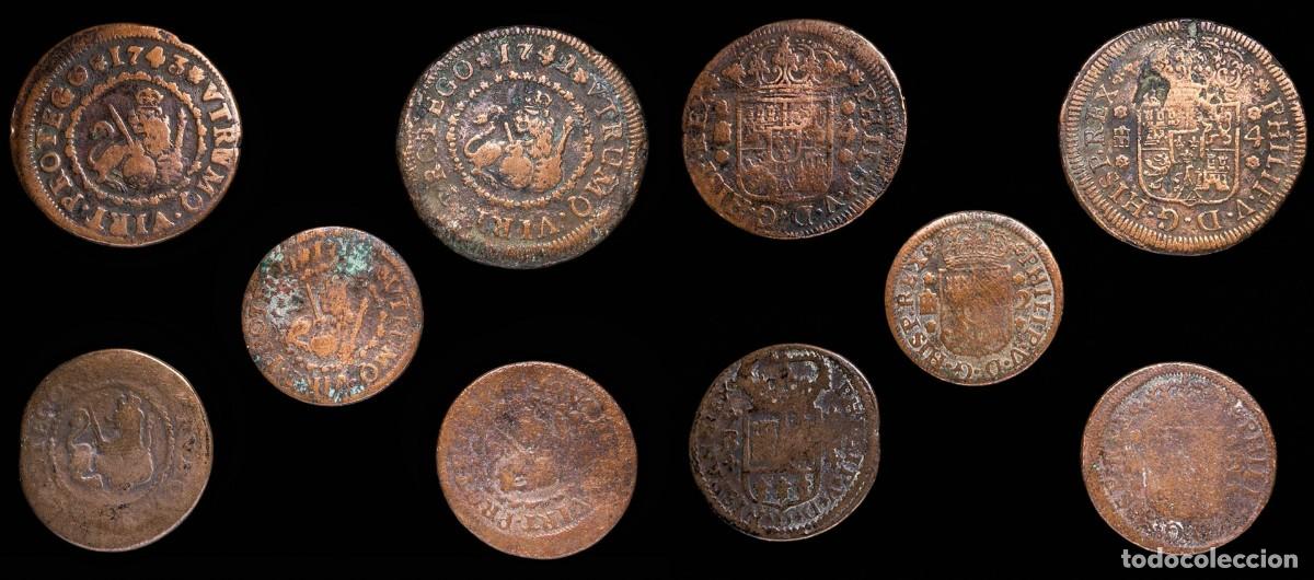 Monedas de Espa&ntilde;a: 1724-1746, 4 and 2 Maravedis Philips V, Barcelona/Segovia Mint - 5 coins Lot.