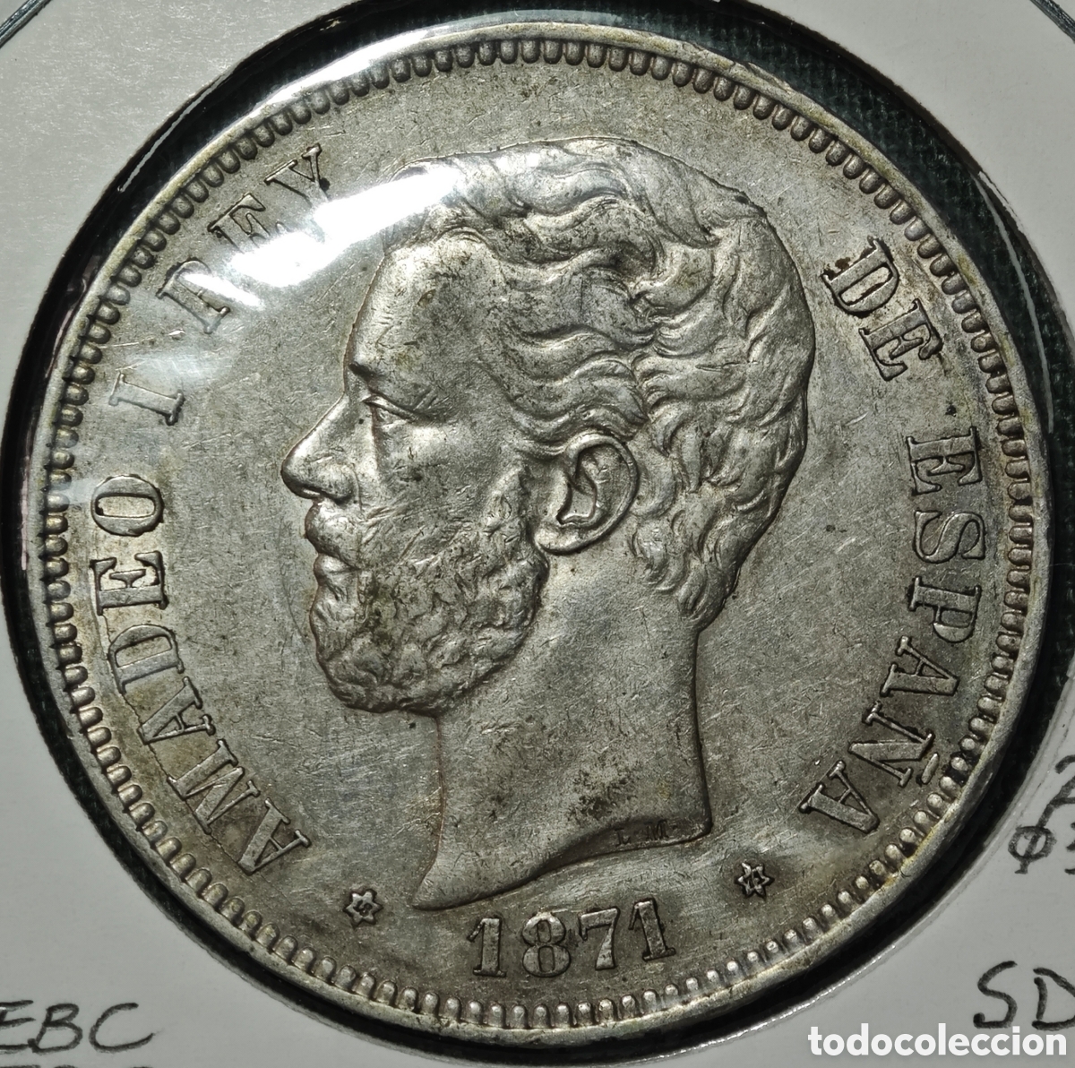 Monedas de Espa&ntilde;a: 5 PESETAS AMADEO I 1871 (*1871) EBC RESTOS BRILLO ORIGINAL