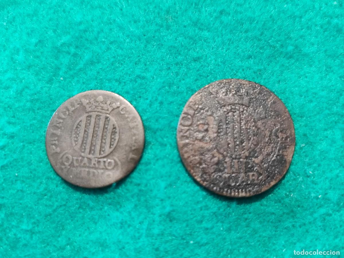 Coins of Spain: (049) 2 monedas de 1 Cuarto y medio y 3 Cuartos de Fernando VII de 1811 (Catalu&ntilde;a)
