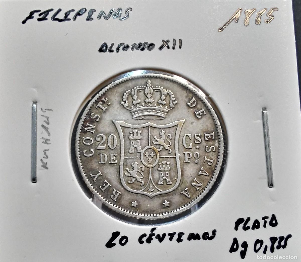 Monedas de Espa&ntilde;a: FILIPINAS 20 C&Eacute;NTIMOS 1885 ALFONSO XII KM#149 MBC PLATA AG 0,835 5,19 GRAMOS.