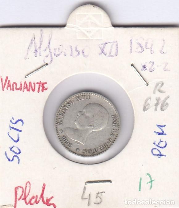 Monedas de Espa&ntilde;a: CRE0017 MONEDA ESPA&Ntilde;A ALFONSO XIII 1892 2-2 VARIANTE PGM 50 CTS PLATA