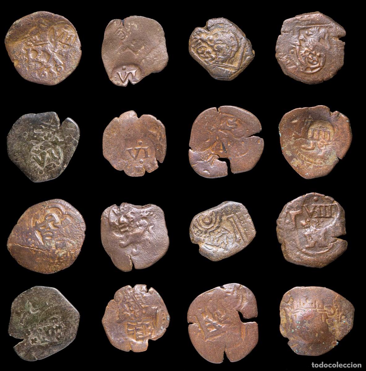 Monedas de Espa&ntilde;a: 17th-Century Spanish Copper Counterstamps (Spanish Cob), 8 Coins Lot