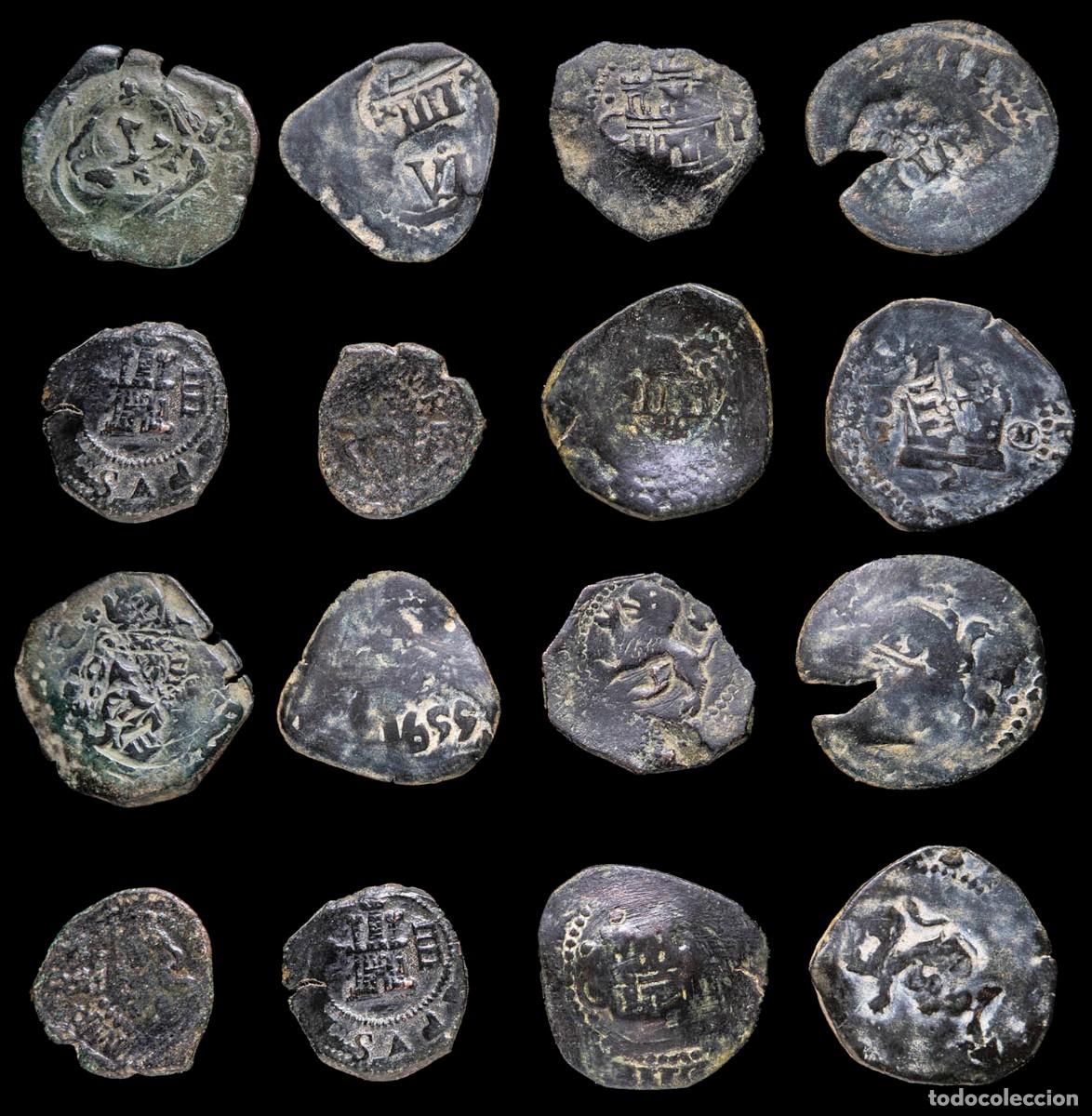 Monedas de Espa&ntilde;a: 17th-Century Spanish Copper Counterstamps (Spanish Cob), 8 Coins Lot
