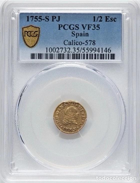 Monedas de Espa&ntilde;a: ORO Espa&ntilde;a 1755 Fernando VI 1/2 Escudo Sevilla (S-PJ) - PCGS VF35 (Gradada)