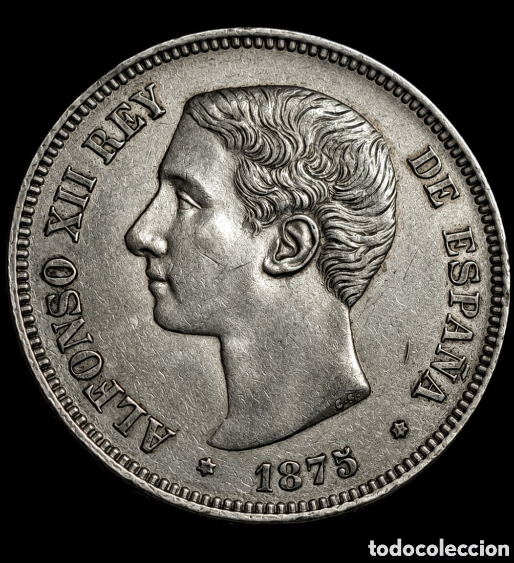 M&uuml;nzen von Spanien: 5 pesetas de plata reinado de Alfonso XII a&ntilde;o 1875 estrellas visibles 18*75* estado EBC