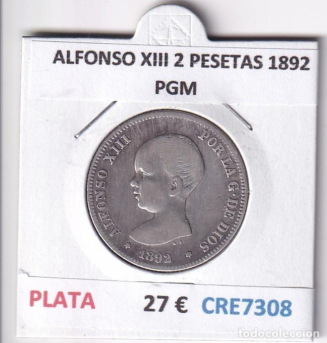 Monedas de Espa&ntilde;a: CRE7308 MONEDA ESPA&Ntilde;A ALFONSO XIII 2 PESETAS 1892 PGM PLATA