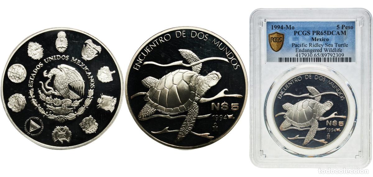Monedas de Espa&ntilde;a: Mexico Republic 1994 5 Nuevos Pesos (Pacific Ridley Sea Turtle) Silver (.925) Mexican Mint (11005)