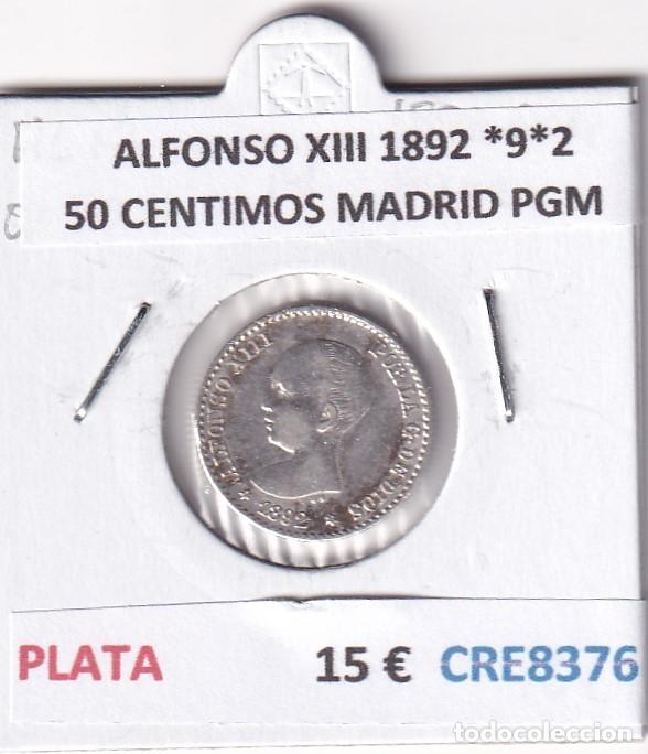 Monedas de Espa&ntilde;a: CRE8376 MONEDA ESPA&Ntilde;A ALFONSO XIII 1892 *9*2 50 CENTIMOS MADRID PGM
