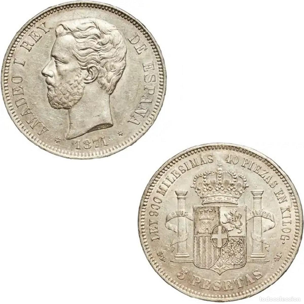 Monedas de Espa&ntilde;a: *GUTSE*24-AMADEO I, 5 PESETAS 1871*18-71, PLATA, BRILLO ORIGINAL, EBC+.