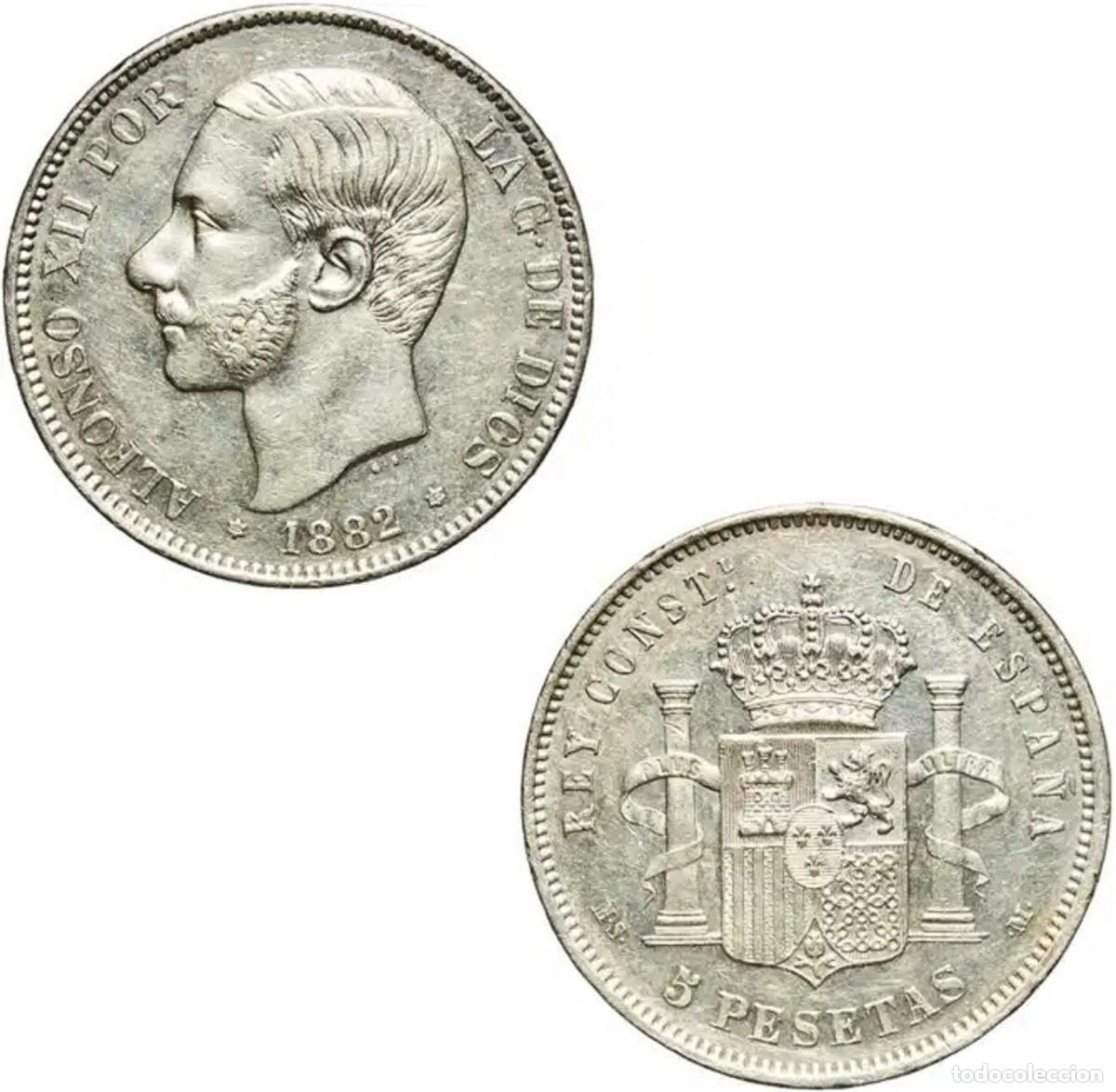 Monedas de Espa&ntilde;a: *GUTSE*344-ALFONSO XII, 5 PESETAS 1882*18-82, MADRID MS M, PLATA, EBC+.