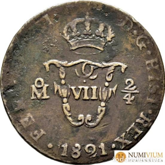 Monedas de Espa&ntilde;a: FERNANDO VII. M&eacute;jico. 2/4 de Tlaco. 1821.