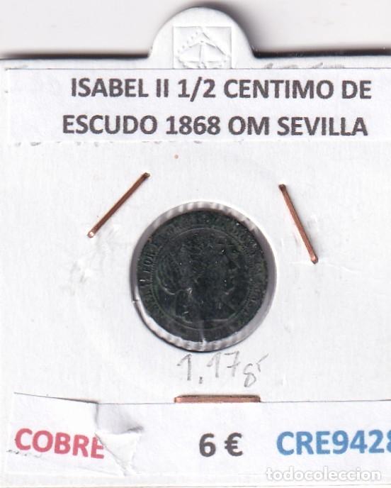 Monedas de Espa&ntilde;a: CRE9428 MONEDA ESPA&Ntilde;A ISABEL II 1/2 CENTIMO DE ESCUDO 1868 OM SEVILLA