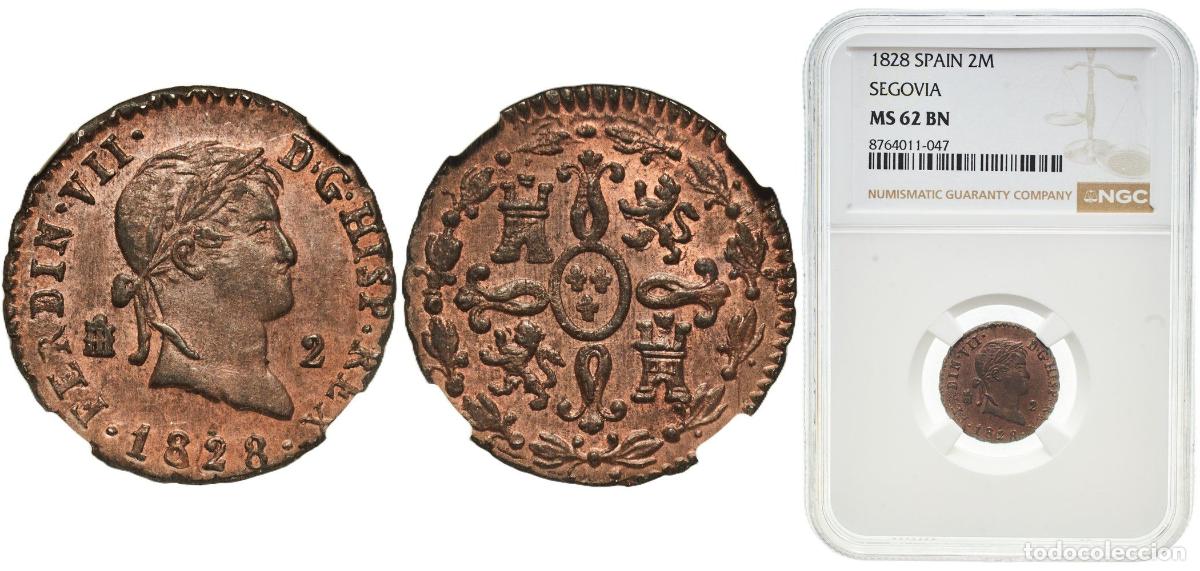 Monedas de Espa&ntilde;a: Spain Kingdom 1828 2 Maravedis - Fernando VII (Segovia) Copper Segovia Mint 2g NGC MS 62 KM 487.1 C