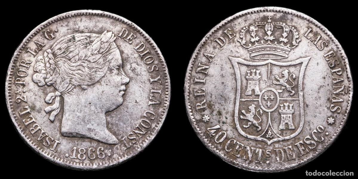 Monedas de Espa&ntilde;a: 1866, 40 Silver Centimos Escudo, Isabella II, Sevilla Mint - 23 mm / 5,02 gr.Laureate head of Queen