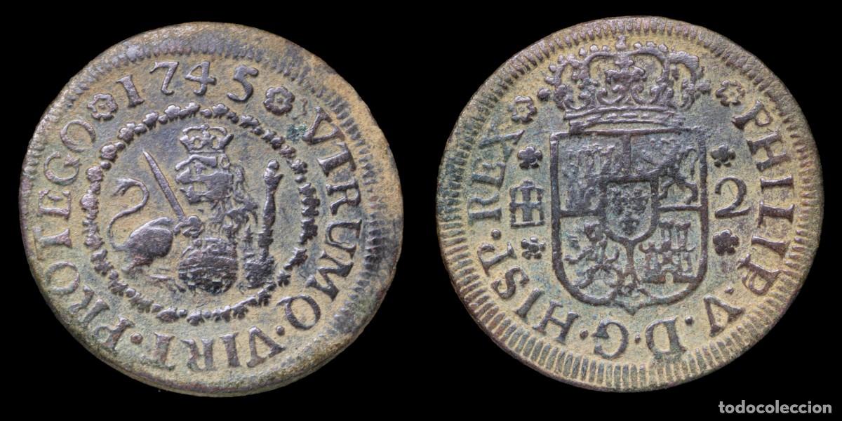 Monedas de Espa&ntilde;a: 1745, 2 Maravedis Philips V, Segovia Mint - 21 mm / 3,77 gr.