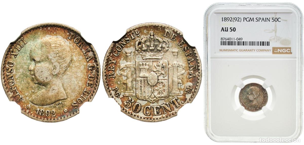 Monedas de Espa&ntilde;a: Spain Kingdom 1892 9-2 PGM 50 Centimos - Alfonso XIII (1st portrait) Wonderful patina Silver (.835