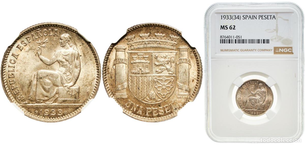 Monedas de Espa&ntilde;a: Spain Second Republic 1933 3-4 1 Peseta - II Republic Silver (.835) Madrid Mint (2000000) 5g NGC M