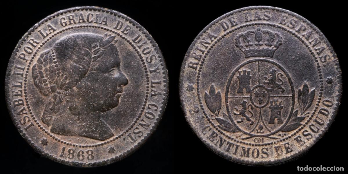 Monedas de Espa&ntilde;a: 1868, 2 Centimos 1/2 Isabella II, Sevilla Mint - 25 mm / 5,96 gr.