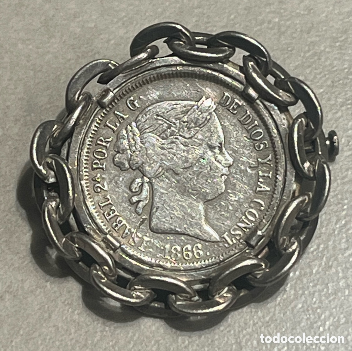 Monedas de Espa&ntilde;a: MONEDA 40 C&Eacute;NTIMOS DE ESCUDO, ISABEL II 1866 - ENGASTADA EN PLATA