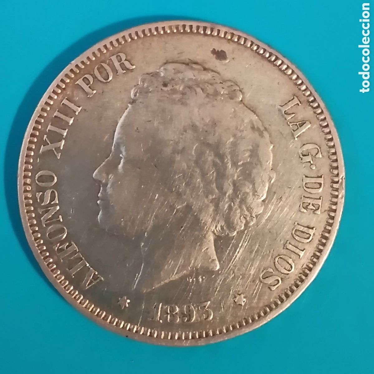 Monedas de Espa&ntilde;a: ALFONSO XIII 5 PESETAS PLATA 1893 *18-XX PG V ESCASA