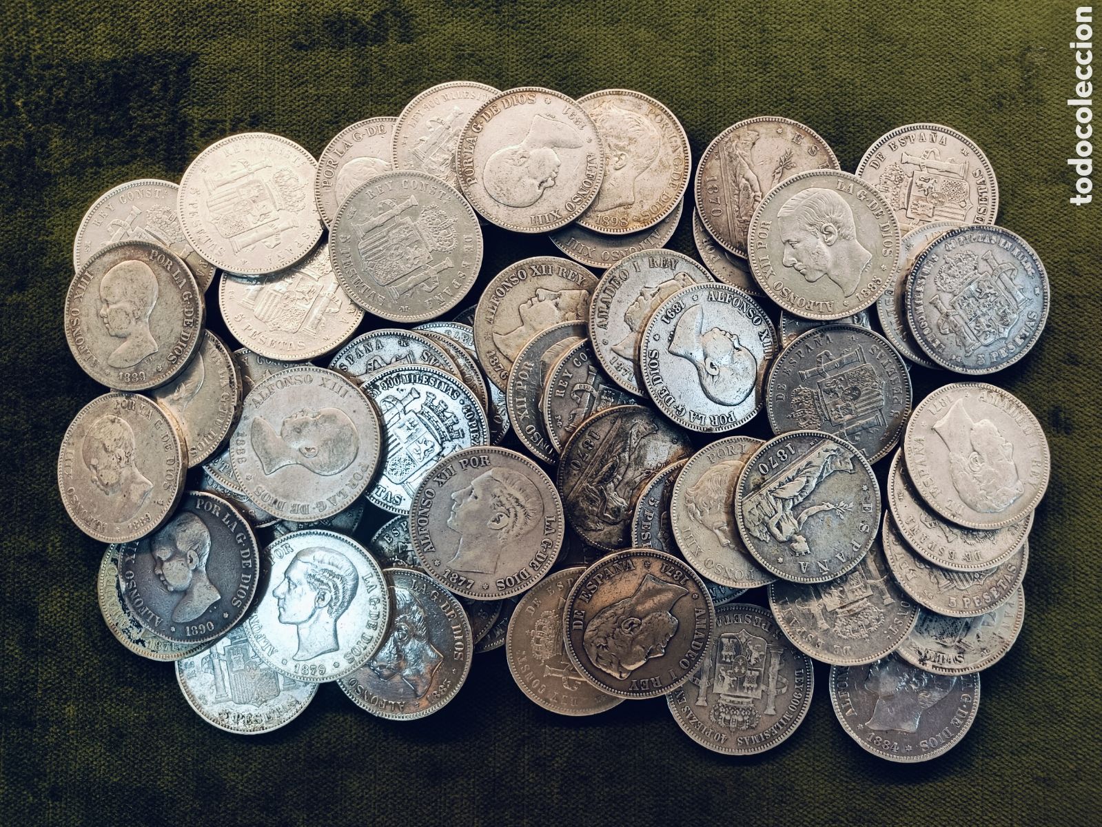 Monedas de Espa&ntilde;a: LOTE DE 56 MONEDAS ( 1380 g) 5 PESETAS DE PLATA .AMADEO I , ALFONSO XII Y XIII,GOBIERNO PROVISIONAL