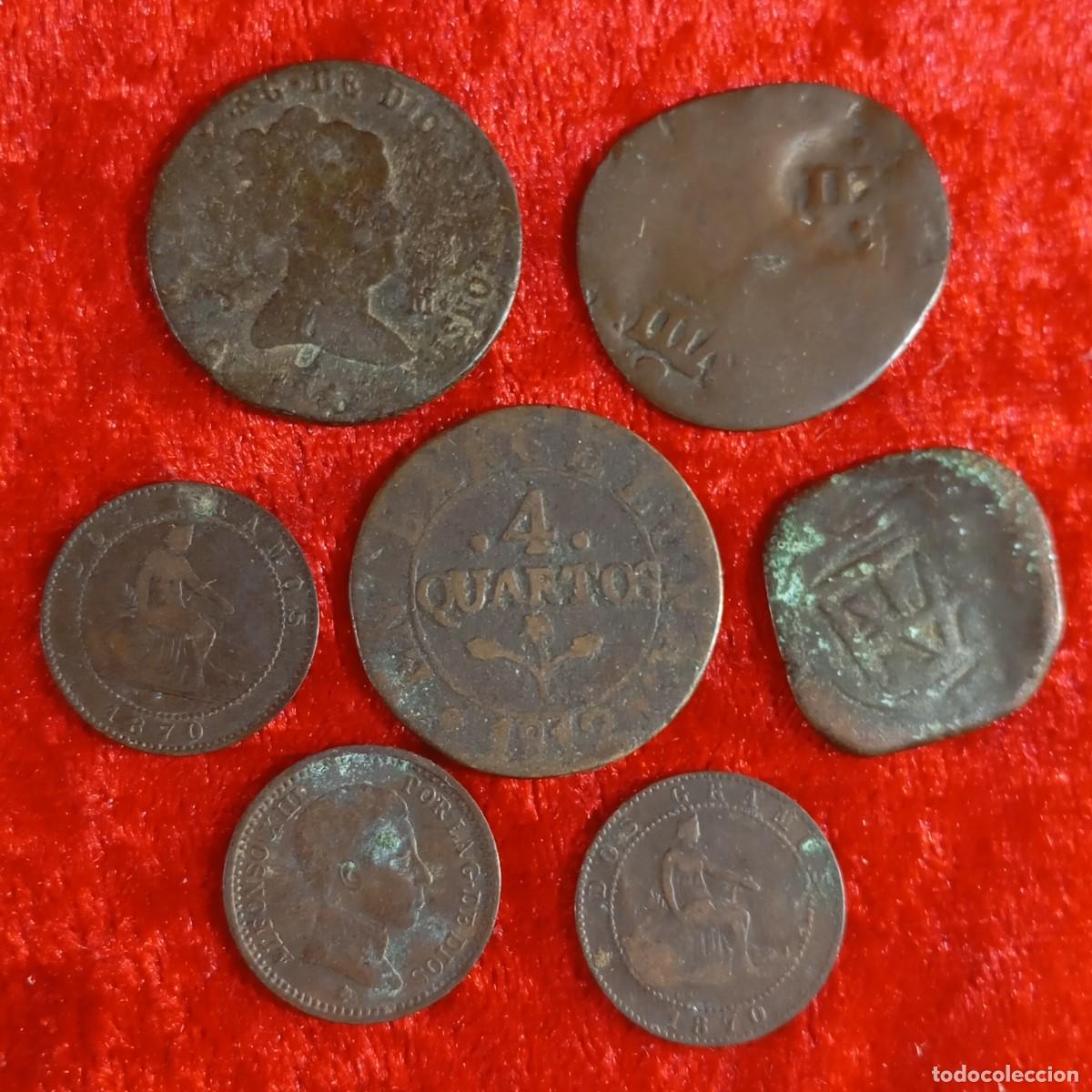 Monedas de Espa&ntilde;a: LOTE DE 6 MONEDAS ESPA&Ntilde;A - 5 CUARTOS 1812 BARCELONA, RESELLOS, ISABEL II, GOBIERNO PROVISIONAL / 93