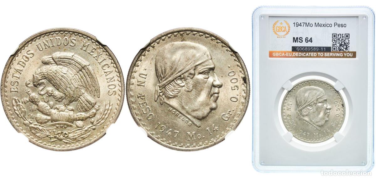 Monedas de Espa&ntilde;a: Mexico Republic 1947 Mo 1 Peso Silver (.500) Casa de Moneda de M&eacute;xico Mint (61460000) 14g GBCA MS