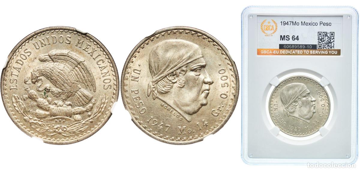 Monedas de Espa&ntilde;a: Mexico Republic 1947 Mo 1 Peso Silver (.500) Casa de Moneda de M&eacute;xico Mint (61460000) 14g GBCA MS
