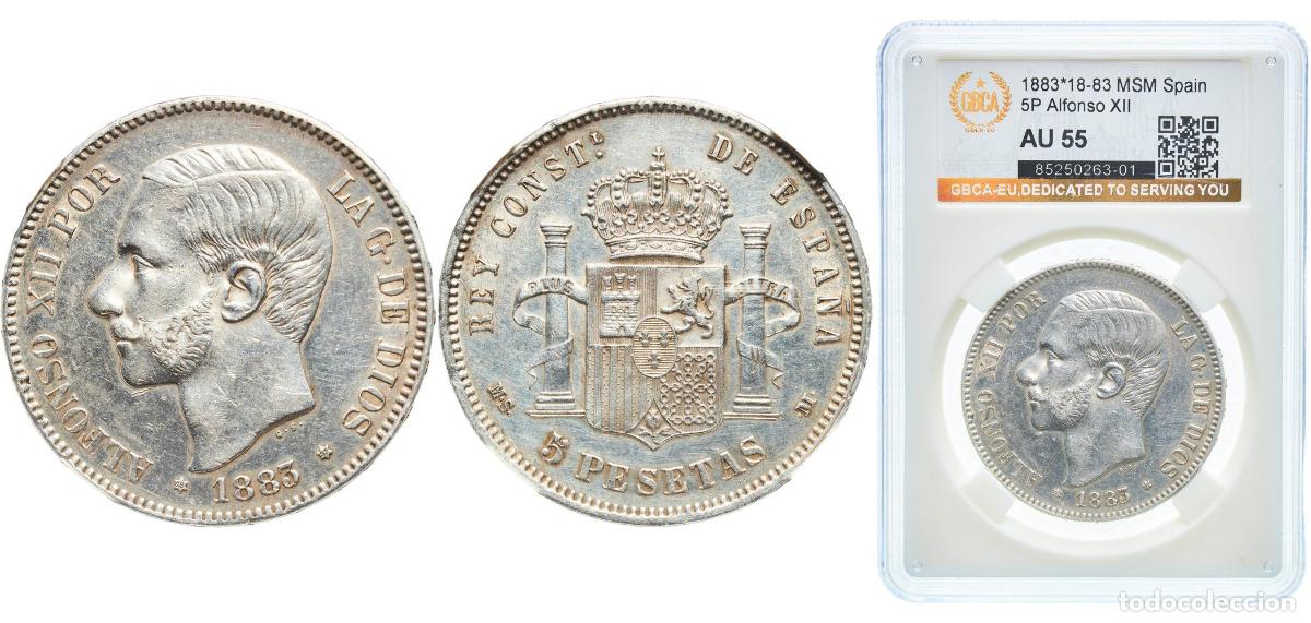 Monedas de Espa&ntilde;a: Spain Kingdom 1883 18-83 MSM 5 Pesetas - Alfonso XII (3rd portrait) Silver (.900) Madrid Mint 25g
