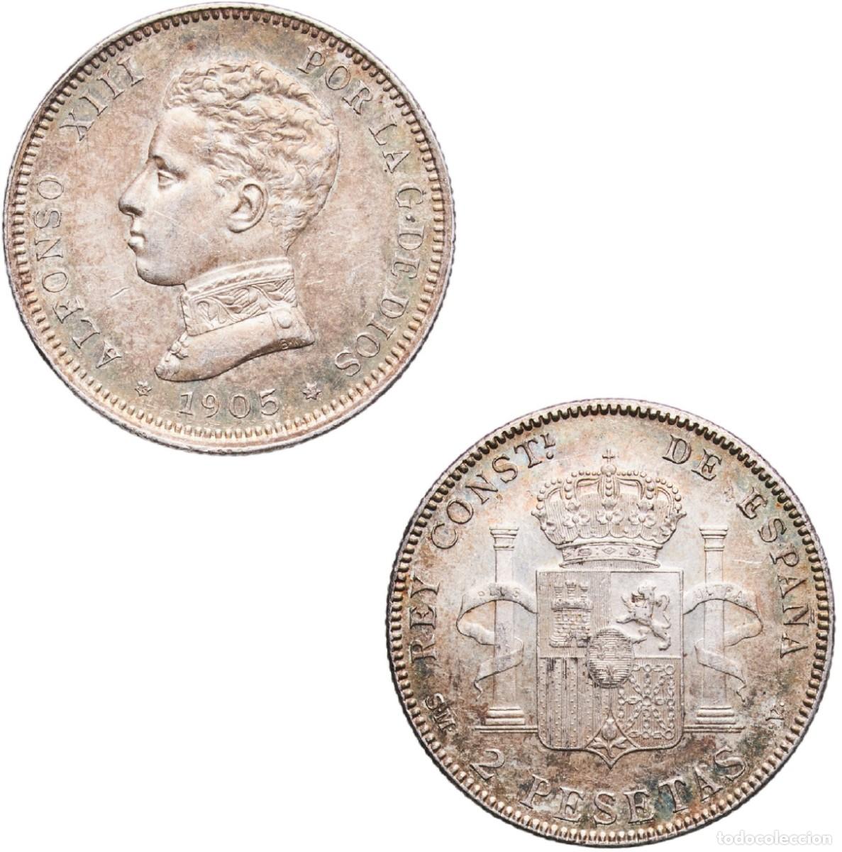 Monedas de Espa&ntilde;a: *GUTSE*753-ALFONSO XIII, 2 PESETAS 1905*19-05, MADRID SM V, CASI SIN CIRCULAR.