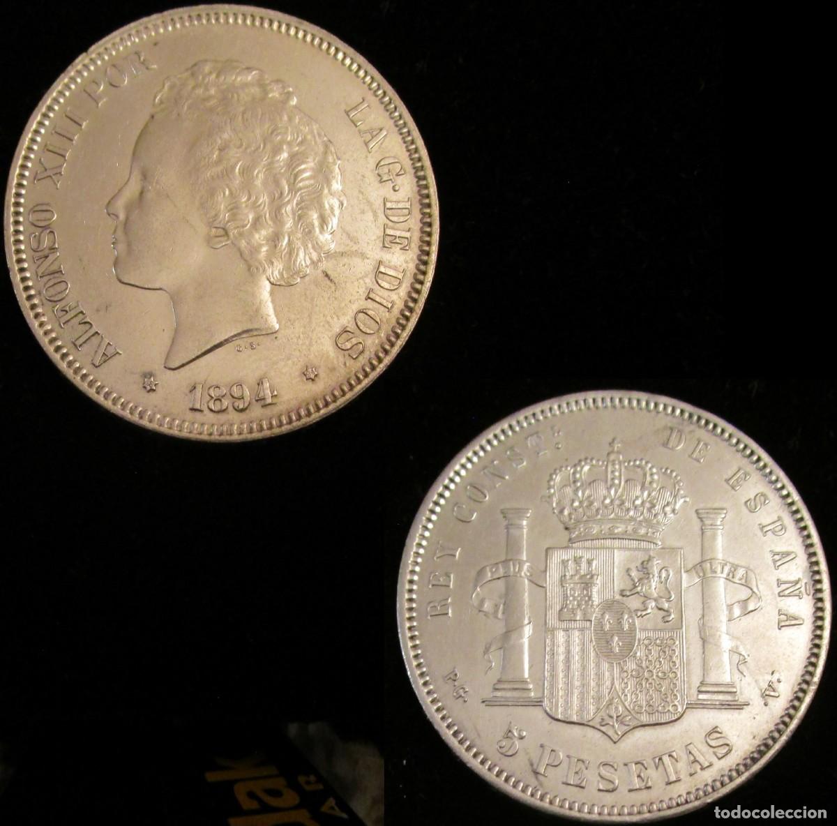 Monedas de Espa&ntilde;a: *GUTSE*761-ALFONSO XIII, 5 PESETAS 1894*18-94, MADRID PG V, CASI SIN CIRCULAR.