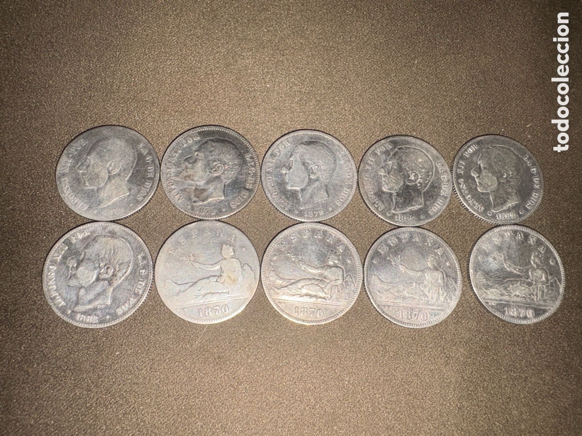 Monedas de Espa&ntilde;a: Lote de 10 monedas de plata de 2 pesetas,Alfonso XII y gobierno provisional1870-1979*ver fotos*