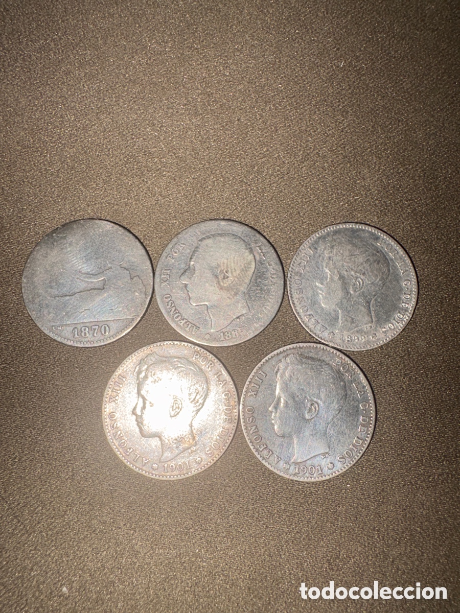 Monedas de Espa&ntilde;a: Lote de 5 monedas de plata de 1 peseta 1870-1901,Gobierno provisional-Alfonso xiii*ver fotos*