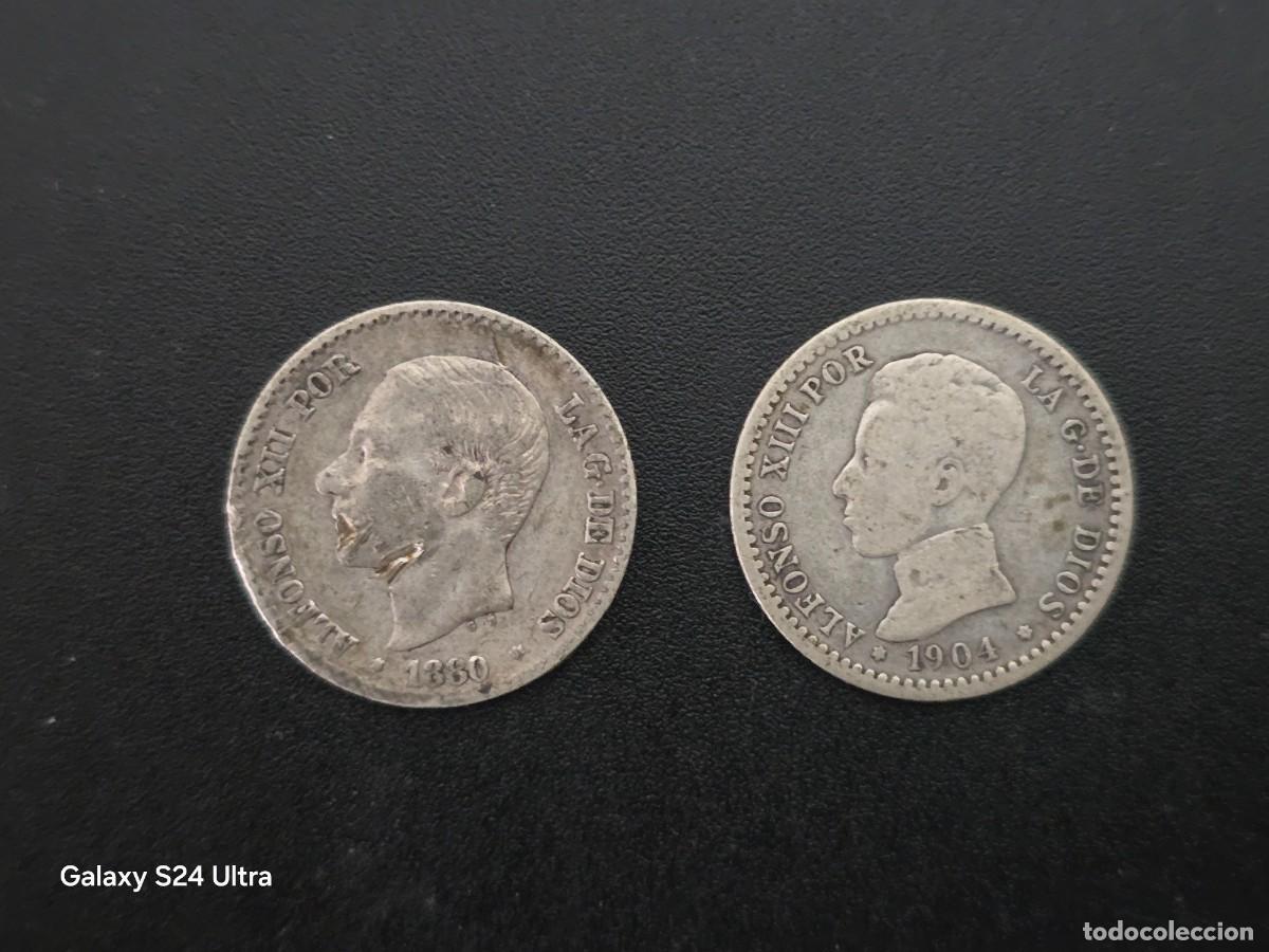 Monedas de Espa&ntilde;a: LOTE DE 2 MONEDAS DE 50 C&Eacute;NTIMOS DE ALFONSO XII y XII....5 GRAMOS DE PLATA..... LA DE LAS FOTOS