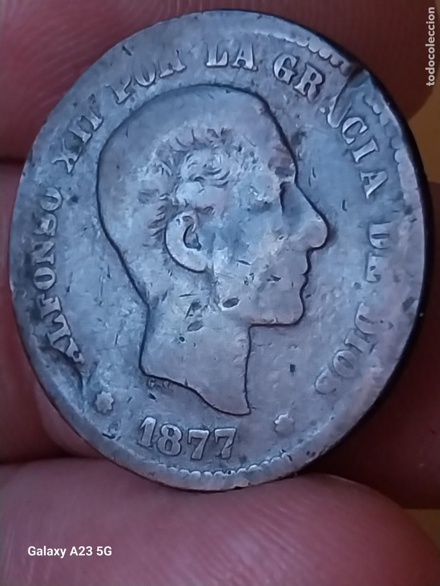 Monedas de Espa&ntilde;a: 1877 ALFONSO XII 5 CENTIMOS O M MONEDA ORIGINAL CIRCULADA