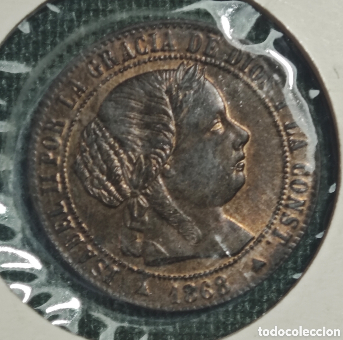 Monedas de Espa&ntilde;a: Preciosa pieza de 1/2 C&Eacute;NTIMO de ESCUDO de ISABEL II, con fecha 1868 SEGOVIA EBC+/SC