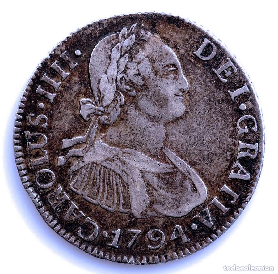 Coins of Spain: Spain-Carlos IV. 2 Reales 1794 M. Guatemala. MBC+/VF+. Plata 6,65 g. Escasa
