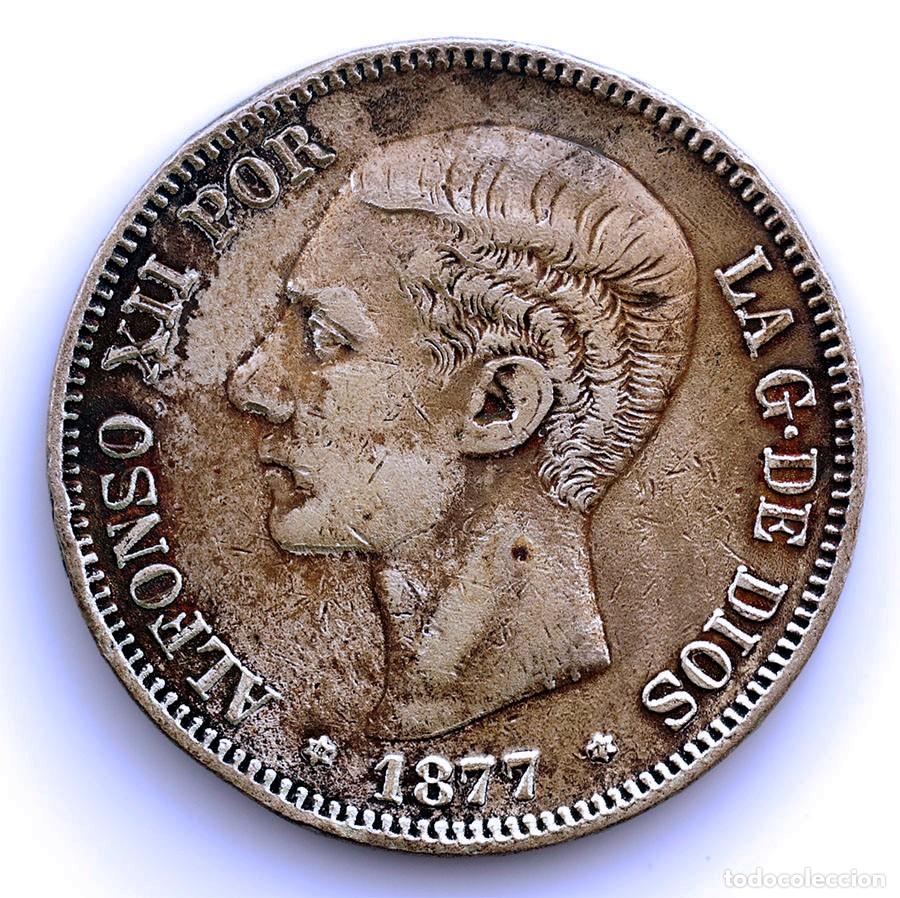 Monedas de Espa&ntilde;a: SC-FALSA EN PLATA. Alfonso XII. 5 Peseta 1877*18-77 Madrid. Plata 24,7 g