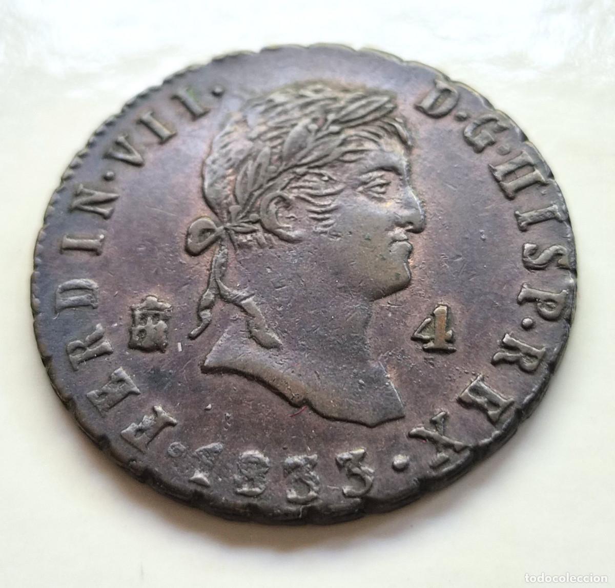 Monedas de Espa&ntilde;a: FERNANDO VII SEGOVIA 4 MARAVEDIS 1833. Bonito. EBC-/MBC+